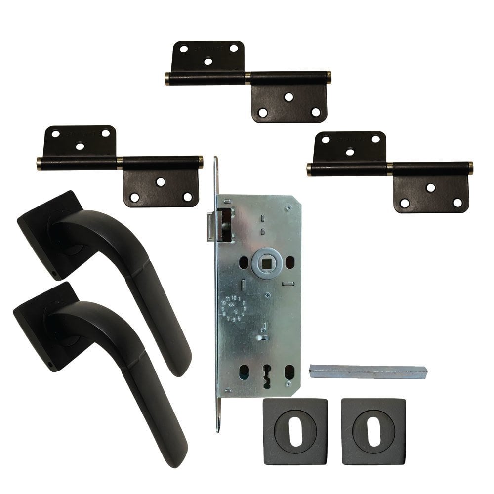 Kare Siyah Kaplı Kapı Kolu Menteşe ve Kilit Takım Halinde