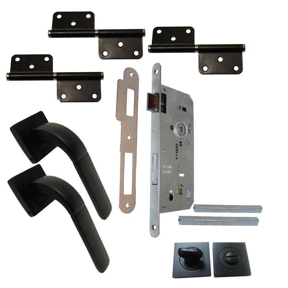 Kare Siyah Kaplı WC Kapı Kolu Menteşe ve WC Kilit Takım Halinde