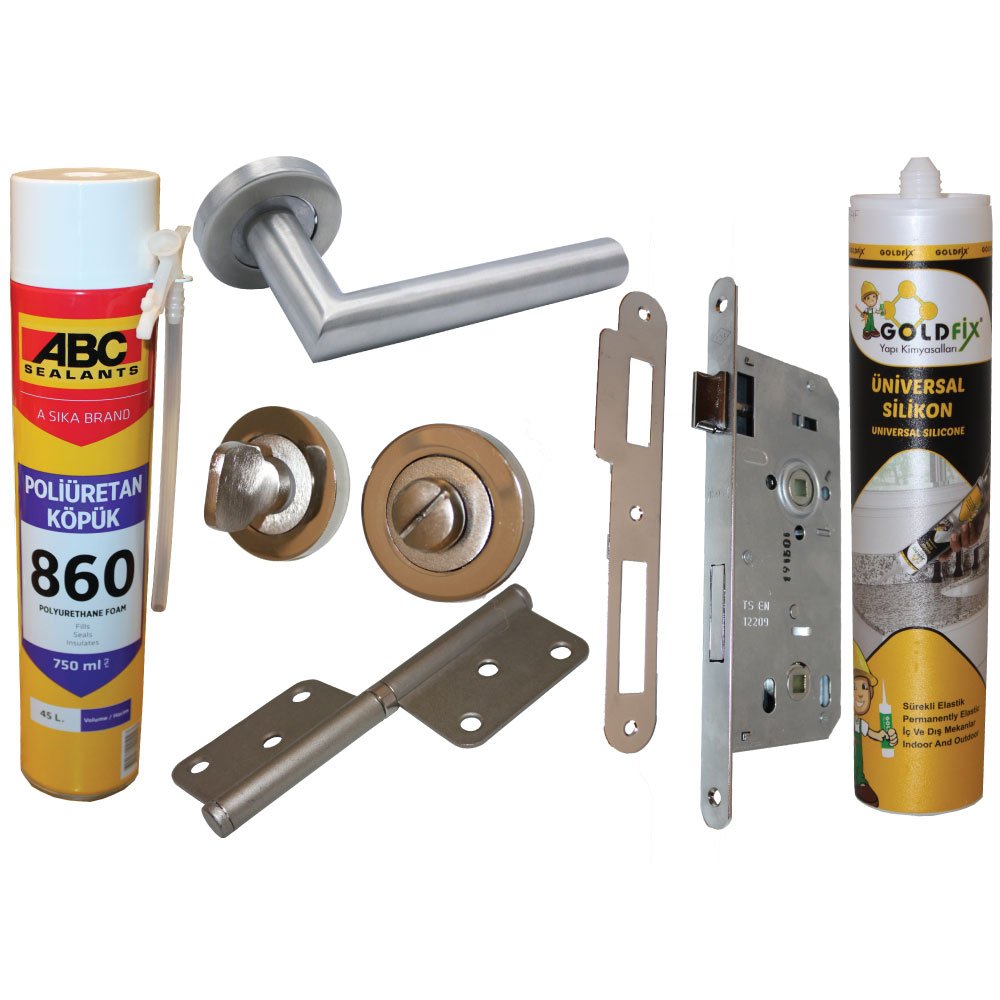 WC Stainless Steel Door Handles, hinges, locks WC, silicone and polyurethane foam