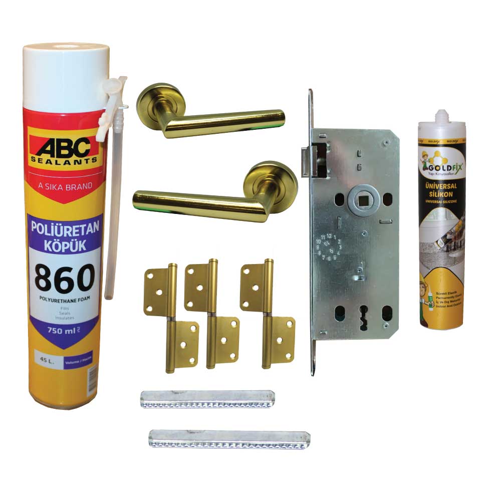 Golden yellow room door handle hinge lock, silicone and foam set
