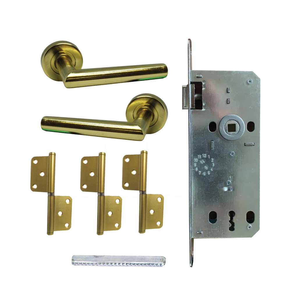 Gold Yellow Door Handle Hinge and Lock Set