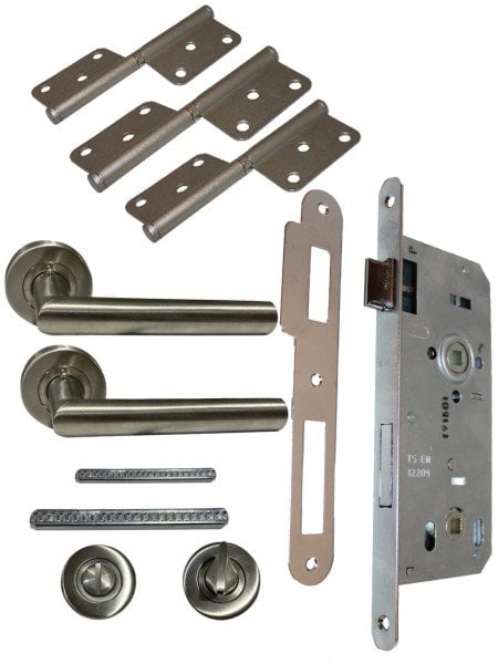 WC Stainless Steel Door Handle Lock and Hinge Set in Case