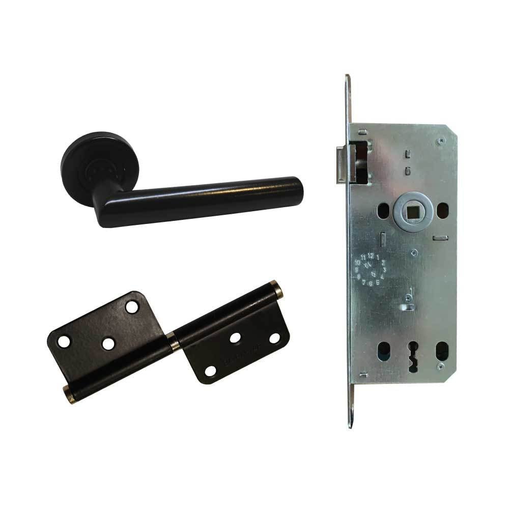 Black Coated Stainless Steel Door Handle Lock and Hinge Set in Case