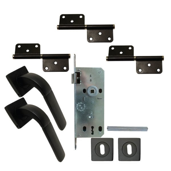 Kare Siyah Kaplı Kapı Kolu Menteşe ve Kilit Takım Halinde