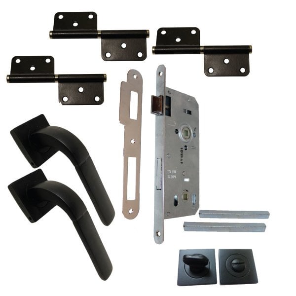 Kare Siyah Kaplı WC Kapı Kolu Menteşe ve WC Kilit Takım Halinde